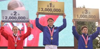 Rachel King (left) finishes second at Japan’s World All-Star Jockeys