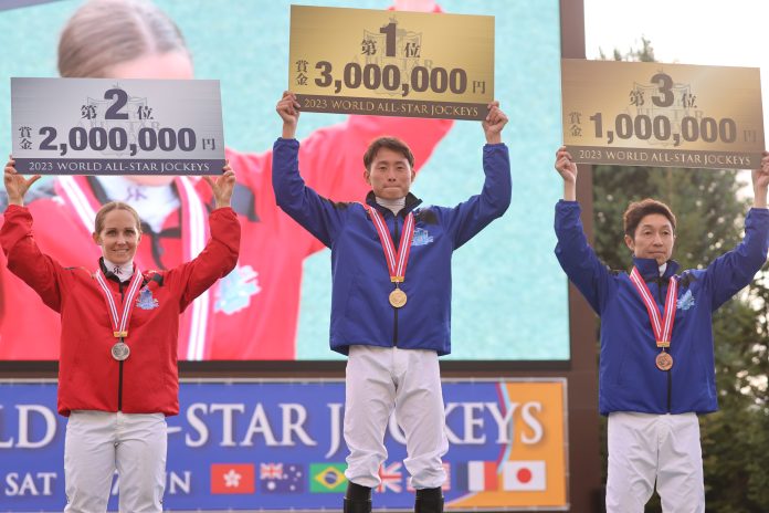 Rachel King (left) finishes second at Japan’s World All-Star Jockeys