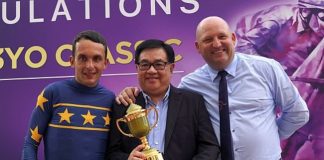 The same winning trio hogs the limelight again after Lim's Bighorn's victory: (from left) jockey Marc Lerner, owner Mr Lim Siah Mong and trainer Daniel Meagher.