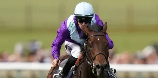 Ghostwriter ridden by Richard Kingscote on their way to winning the Juddmonte Royal Lodge Stakes during day Three of the Cambridgeshire Meeting at Newmarket Racecourse. Picture date: Saturday September 30, 2023.