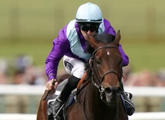 Ghostwriter ridden by Richard Kingscote on their way to winning the Juddmonte Royal Lodge Stakes during day Three of the Cambridgeshire Meeting at Newmarket Racecourse. Picture date: Saturday September 30, 2023.