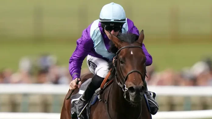 Ghostwriter ridden by Richard Kingscote on their way to winning the Juddmonte Royal Lodge Stakes during day Three of the Cambridgeshire Meeting at Newmarket Racecourse. Picture date: Saturday September 30, 2023.