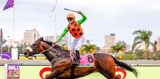 Richard Fourie scores his 335th win aboard the Justin Snaith-trained DOUBLE GRAND SLAM in the Grade 2 East Coast Radio Tibouchina Stakes at Hollywoodbets Greyville on Saturday. Picture: Candiese Lenferna